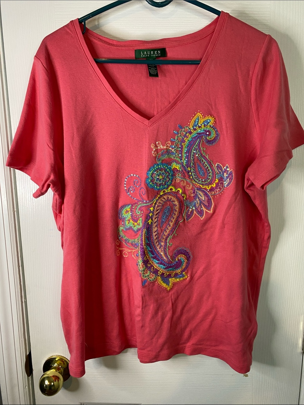 Lauren Ralph Lauren Coral V-Neck Tee with Multicolor Paisley Embroidery Size 2X.